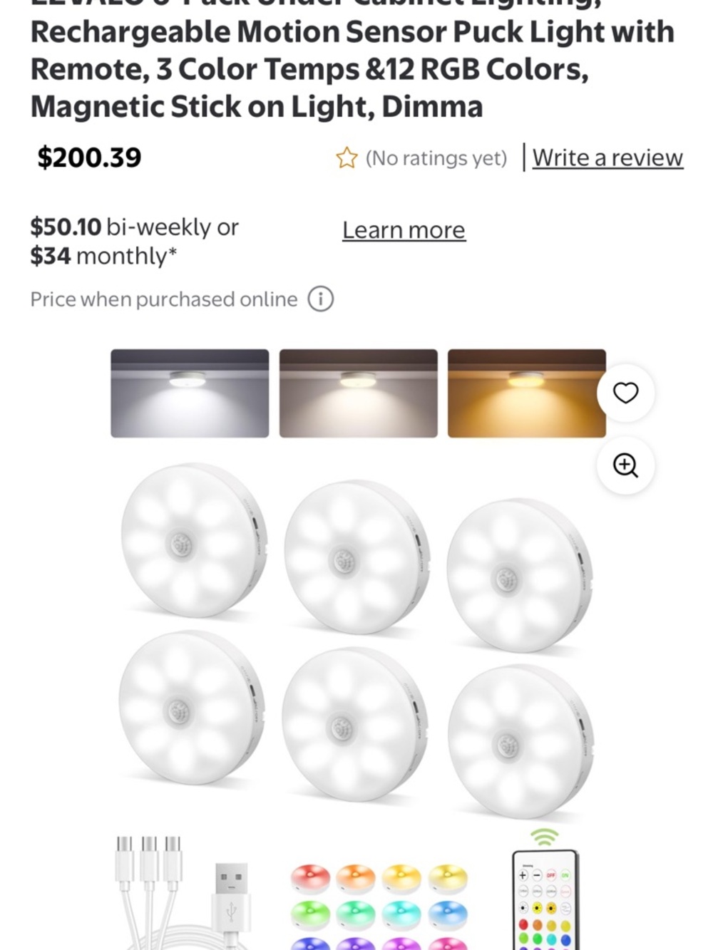 Rechargeable White LED Motion Sensor Puck Lights - Set of 6